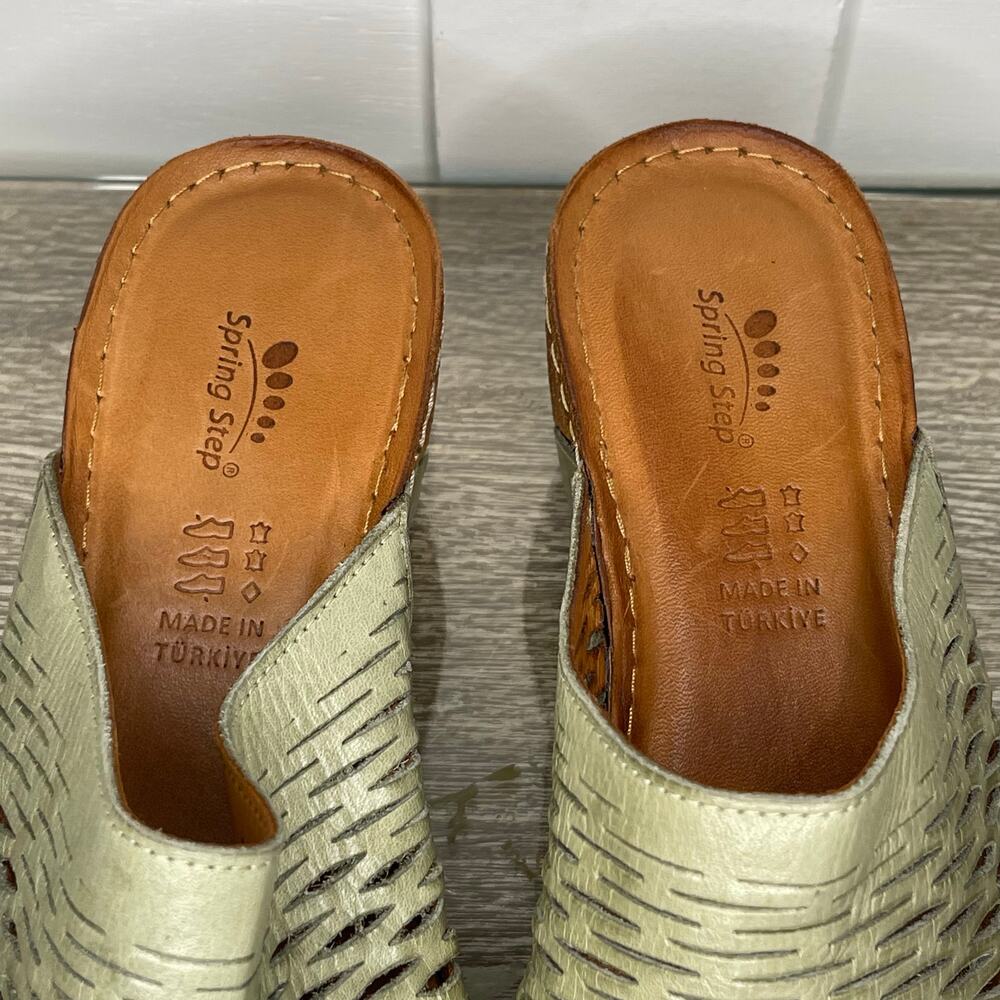 Spring Step Wedge Sandal Cunacena Moss Green Leather Lattice‎ Comfy Slip on - Picture 2 of 11